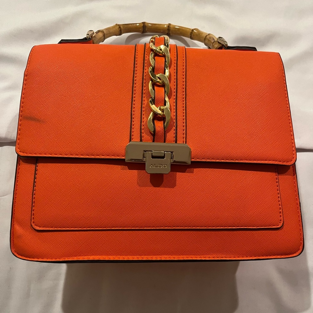 Aldo Orange Satchel with Gold Clasp and Chain Handle